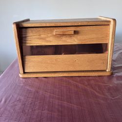 Solid Oak Bread Box With 4 Glass Canisters 