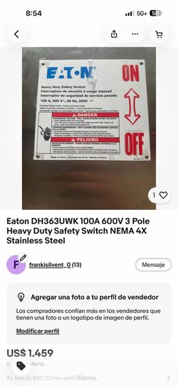 Eaton DH363UWK 100A 600V 3 Pole Heavy Duty Safety Switch NEMA 4X Stainless Steel