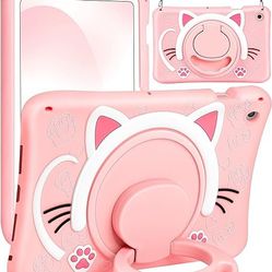 for Samsung Galaxy Tab A8 10.5 Case Girls Cute Cat Kawaii Cover Girly 3D Cartoon Women Kitten with Rotating Handle Stand & Strap Soft Silicone Funda