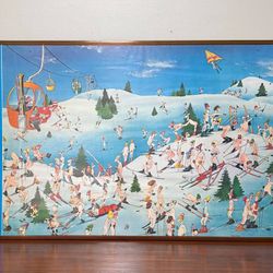 Vintage 1977 Roger Blachon Wintersports Naked Skiers Paradise Cartoon Poster Wall Decor