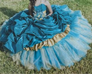 Teal and Gold Formal Ball Gown