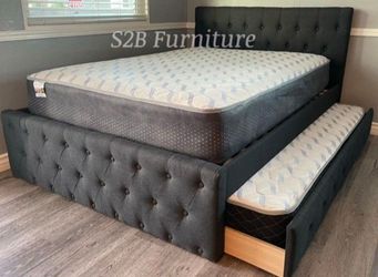 Full Twin Grey frenchi Trundle Bed with Orthopedic Mattress Included