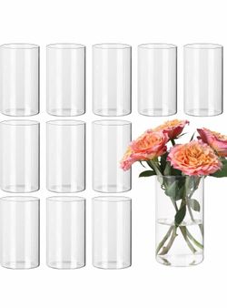 12pcs Clear Cylinder Vases for Centerpieces, Glass Flower Vases for Wedding Decorations and Home Decor, 6 Inch Glass Hurricane Candle Holder for Table