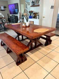 Real Oak Wood Dining Table with Two Benches
