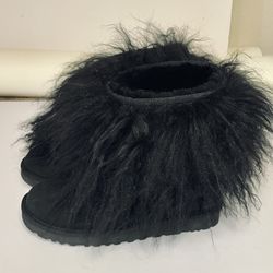 UGG Australia Mongolian Boots 7 Sheepskin Fur Black Suede F19012F Style 1875
