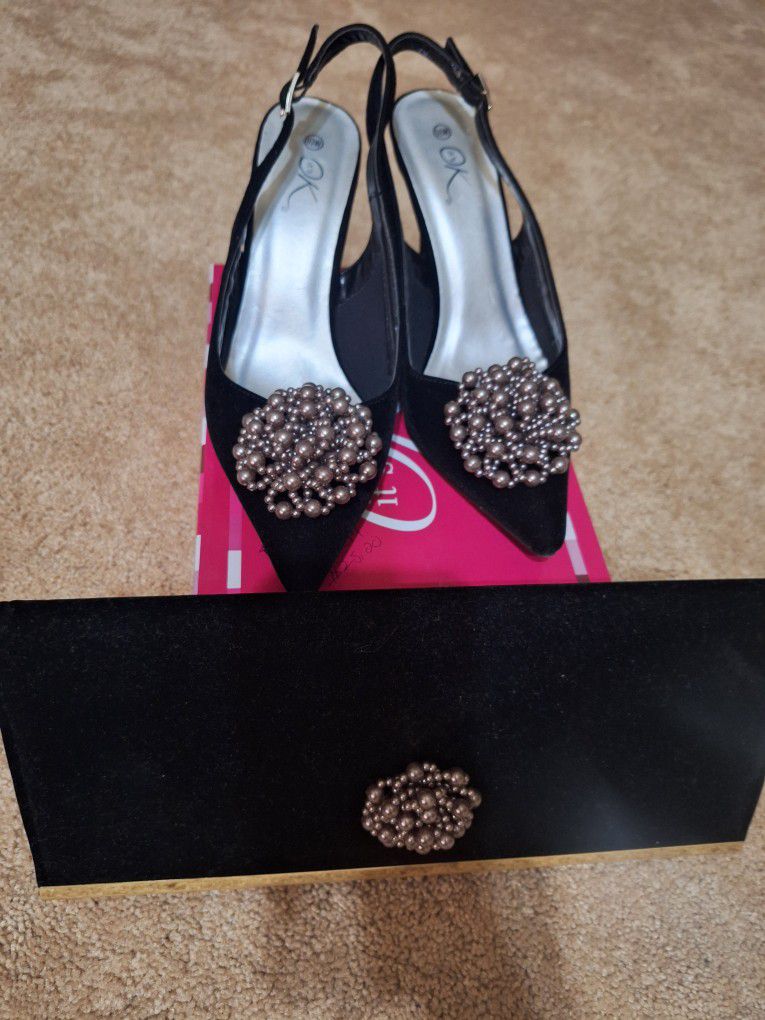 Women's Black Suede Shoes With Clutch Purse