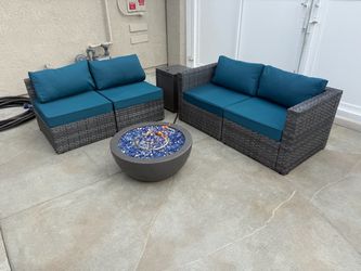 Rattan Outdoor Couch Set with Fire Table