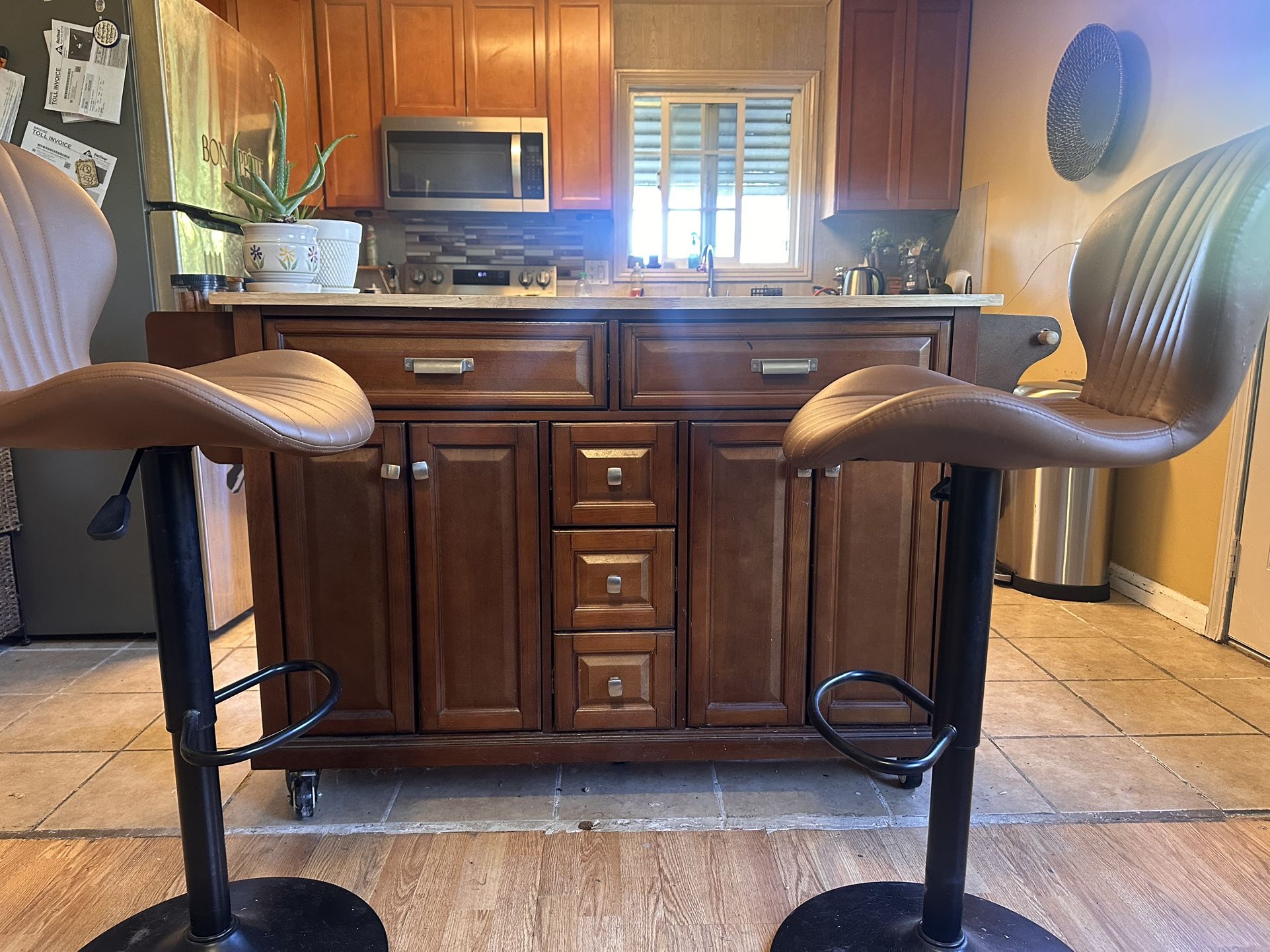 Kitchen Island with Butcher Block Top + 2 Swivel Bar Stools