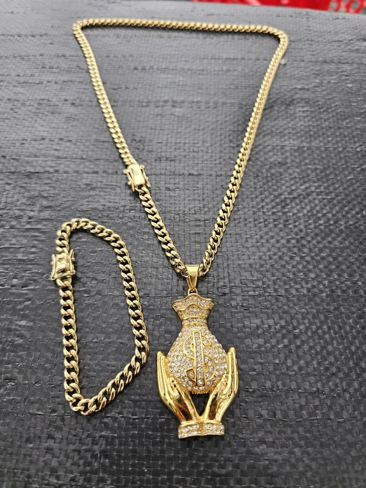 I Deliver I Ship 14k Gold Plated Chain And Bracelet Set