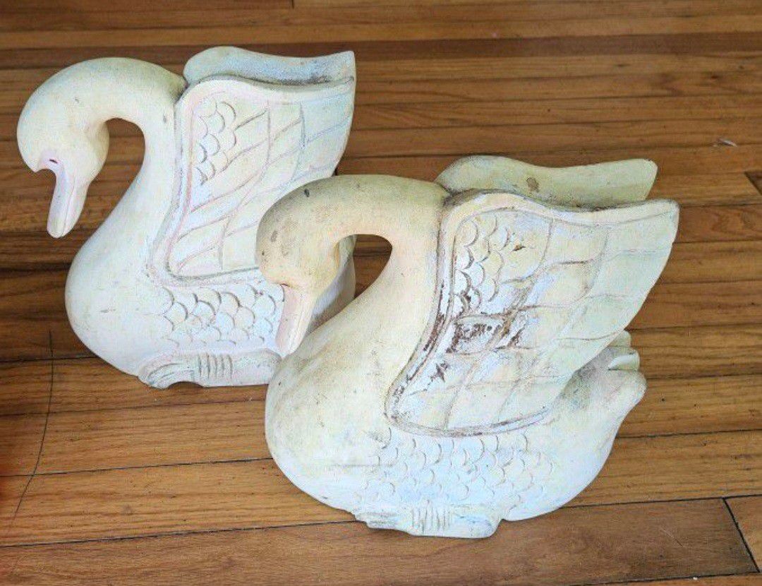 Vintage 12" Pair Of 2 Carved Wood Regency Swan Statue Figures