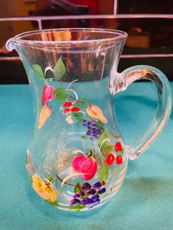 Vintage hand painted glass pitcher with fruit motif