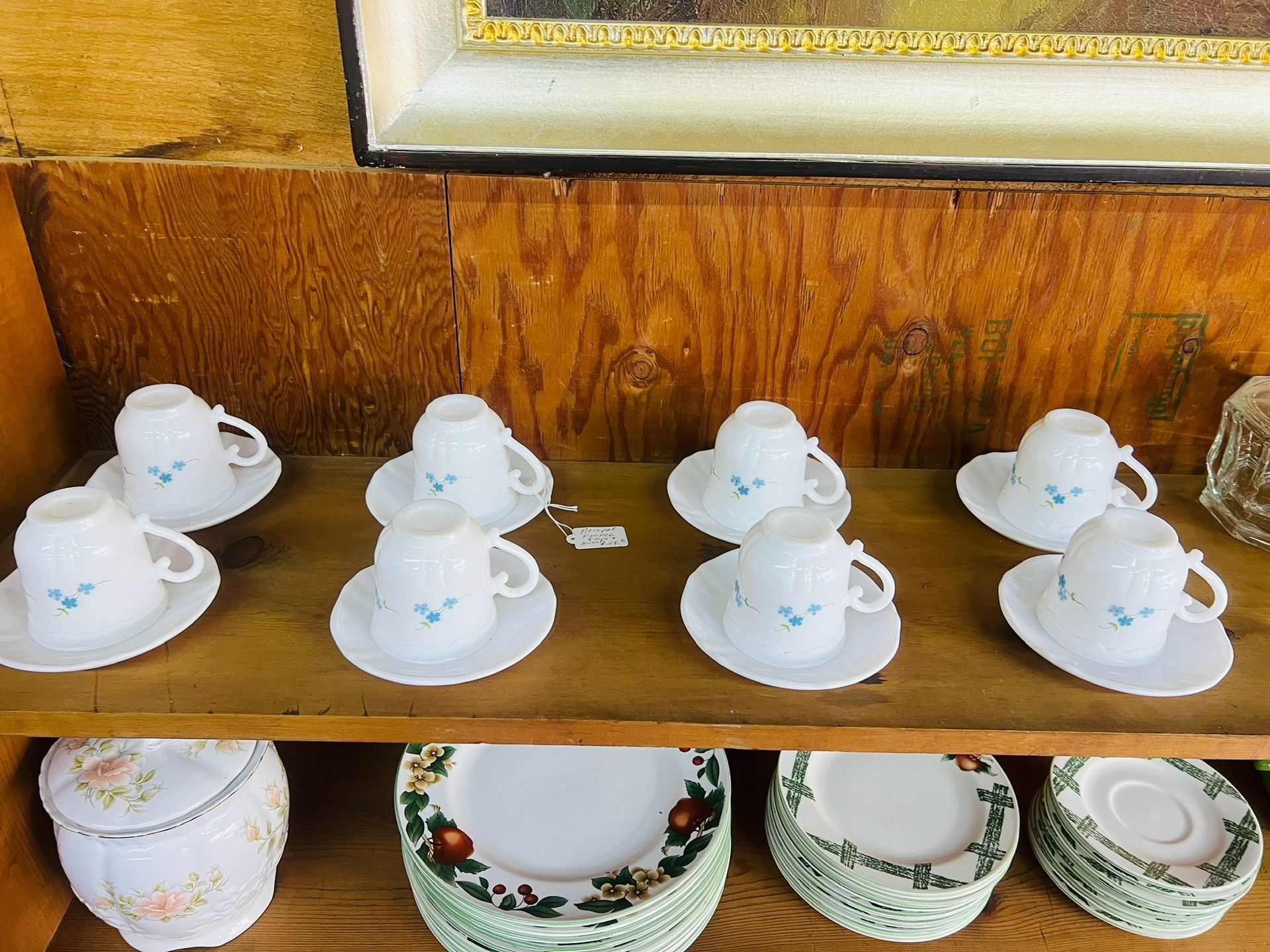 (8) Vintage Arcopal France Veronica or Myosotis Pattern Coffee Cups And Saucers