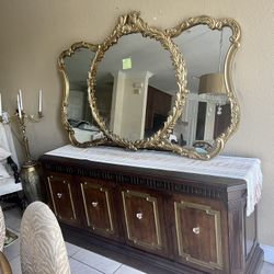 Antique Hollywood mirror + kitchen Buffet Table