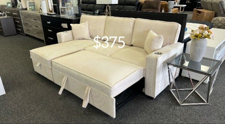 Elegant 2-PC Corduroy Sectional Sofa With Storage, Pullout Bed, And USB Port 