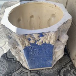 Glazed Ceramic Planter 10x9 With Cherubins As Ornament. 