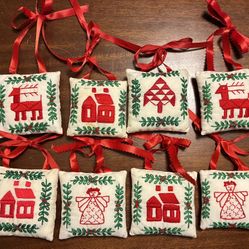 Handmade Ornaments 8 Small  Fabric Cross stitch Designs