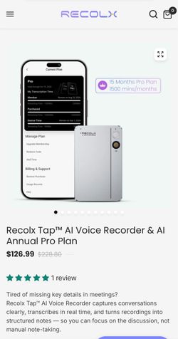 NEW Recolx Tap AI Voice Recorder + AI Pro Plan – $126.99 Retail