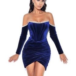 Navy Velvet Off Shoulder Corset Dress With Crystal Trim