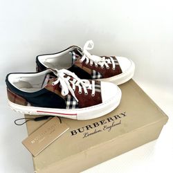 BURBERRY VINTAGE CHECK COTTON, MESH AND LEATHER SNEAKERS size 42   10 1/4in