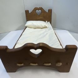 Vintage AMERICAN GIRL DOLL Wood ROPE BED & MATTRESS Heart Cutout - Brown 