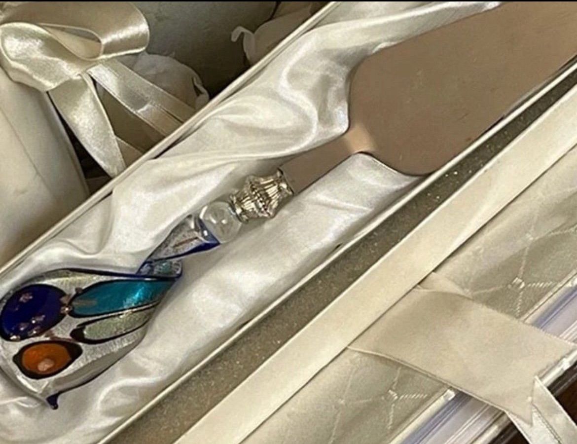 ITALIAN MURANO Art Deco GLASS Peacock wedding Mini Pastry Cake Knife Server