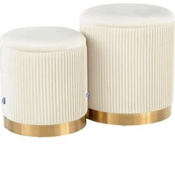 🆕 Brand New Set of 2 White Pleated Storage Ottomans with Gold Base – Modern & Elegant

