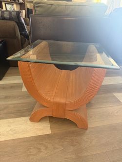 Rattan End Table with Glass Top