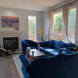 Blue Velvet Living Room Set - Sofa, Armchair, Coffee Table, Rug & Storage Ottoman