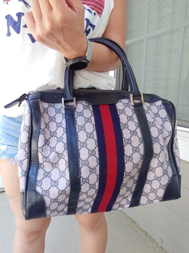 Authentic Vintage Gucci GG Monogram Supreme Sherry Web Boston Doctor Satchel Bag