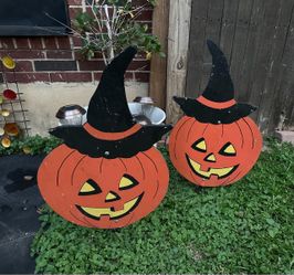 Two Well-loved Big Wooden Pumpkins for Yard