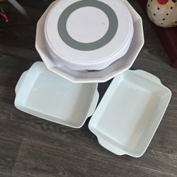 White Dishes For Party Decoration Like Weddings And Baptisms Big Bowl 15.5” Diameter X “ Tall Pans 9”X14 Inches And Cake Stand Is 13” Inches Diameter 