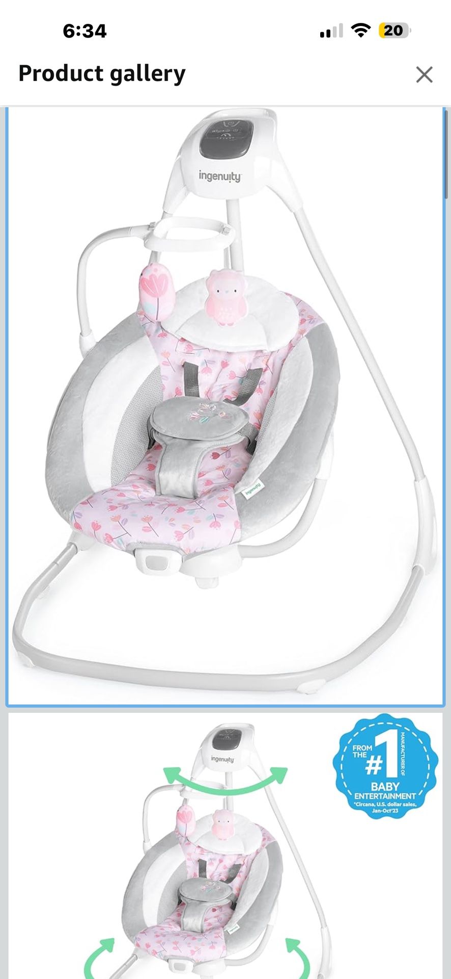 Ingenuity SimpleComfort Lightweight Compact 6-Speed Multi-Direction Baby Swing (Pink Cassidy)