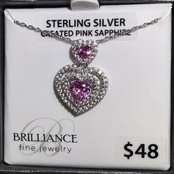 Brilliance Fine Jewelry Sterling Silver Created Pink Sapphire and White CZ Double Heart Pendant, 18"