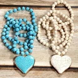  HEART PENDANT LONG NECKLACE  ( NATURAL STONES ) 🩵 $15 EACH!! 