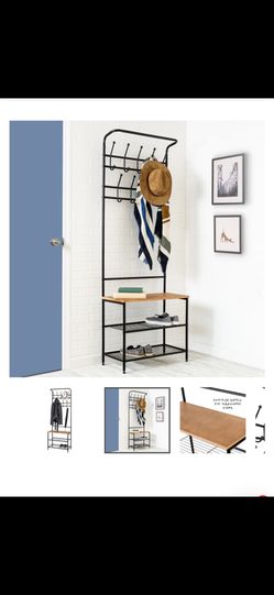 Black/Natural Entryway Hall Tree and Shoe Storage Bench