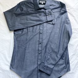 Mens EXPRESS Fitted Large 16-16 1/2 Pearl Snap Long Sleeve Dress Shirt Blue Western Cotton