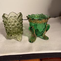 2 Green Glass Toothpick Holders 