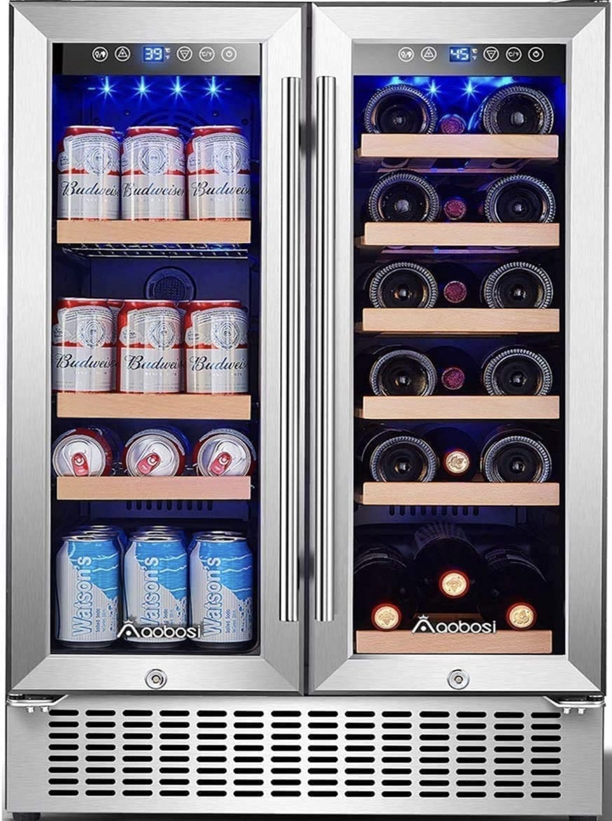 AOBOSI 24 Inch Beverage and Wine Cooler Dual Zone 2-IN-1 Wine Beverage Refrigerator with Independent Temperature Control, LED Light, Quiet Operation,