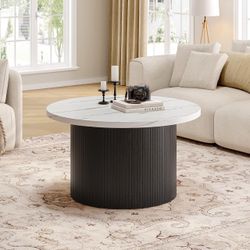 31.5" Round Coffee Table, Tambour Design, Marble Color Center Table, Circle Coffee Table, Mid Century Modern Style, Wooden, for Livng Room, Office, Ap