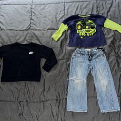 Toddler boy play clothes size 3T. John Deere shirt has a stain. Levi’s Jeans hole in knee is a lil larger than when purchased. Nike sweatshirt is fade