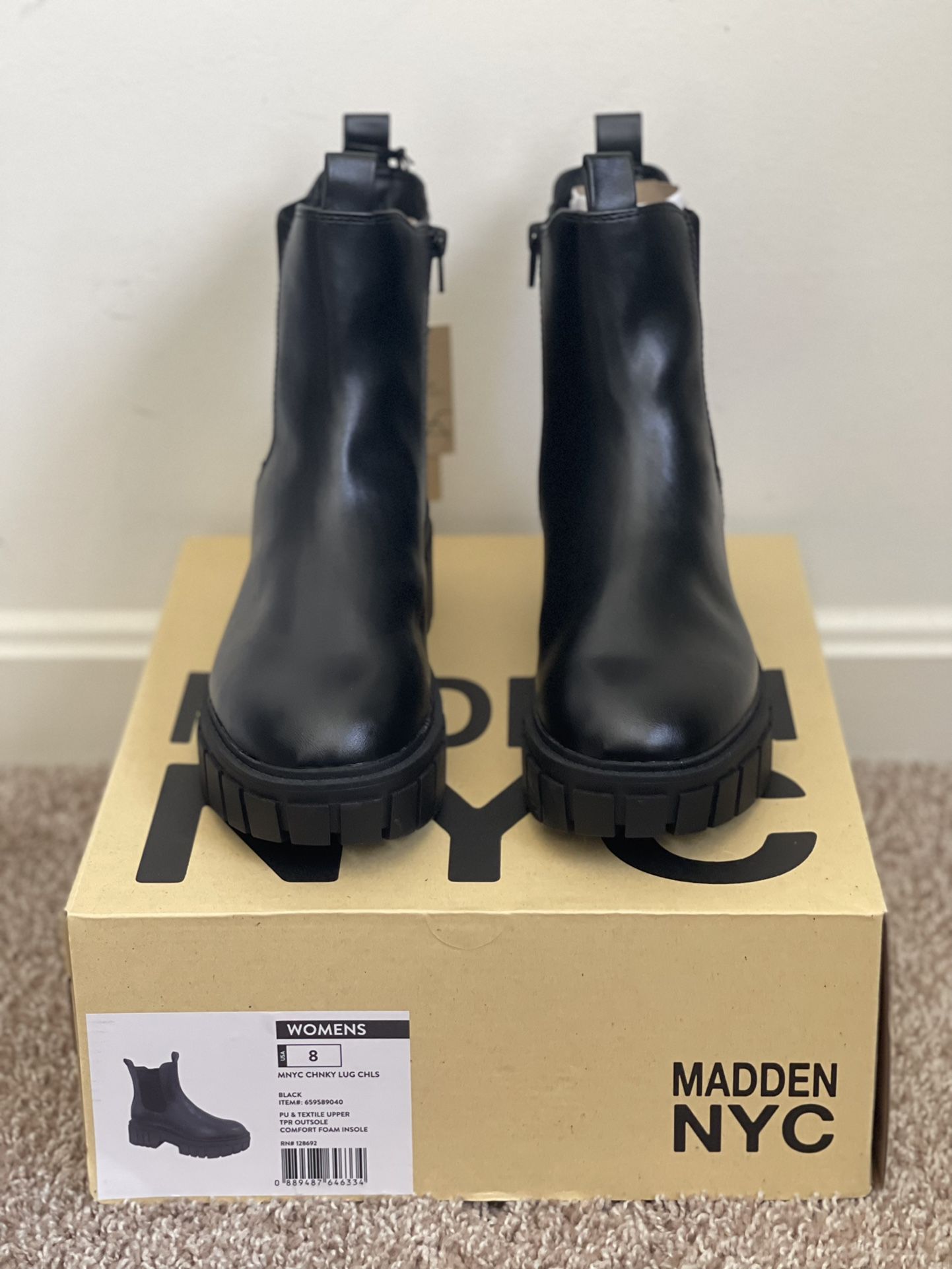 Madden NYC Women's Chunky Lug Chelsea Boots Black Size 8 New in BOX