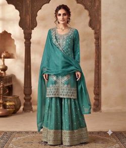 Teal green embroidered suit with silver floral and geometric embroidery #embroidered #formal ✨ Luxury Embroidered Silk Sharara Set