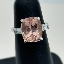 14k solid white gold 5Ct Morganite Cushion-Cut 0.4ctw Diamond brilliant & baguette cut stone ring size 5.25