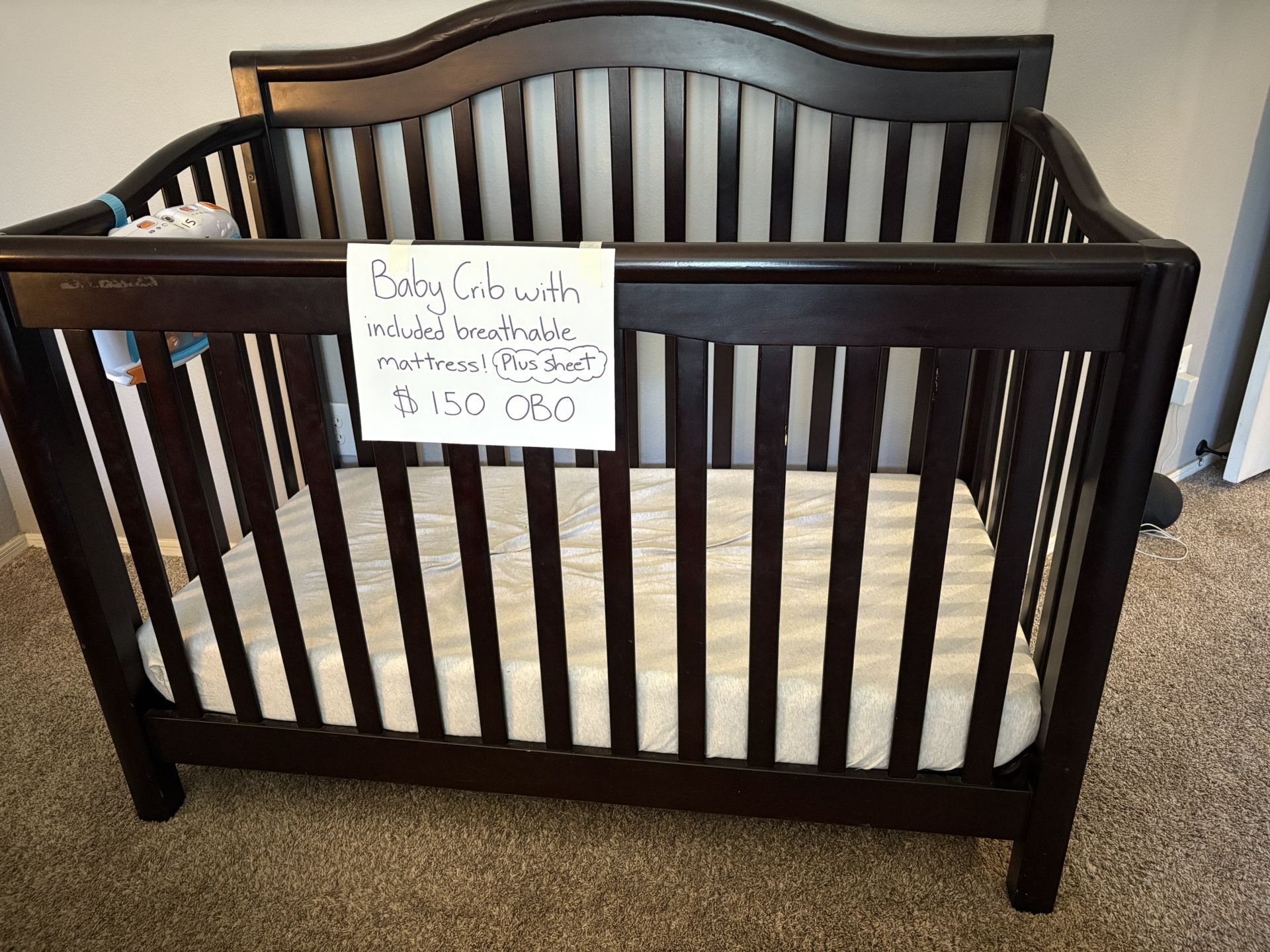 Dark Brown Baby Crib With Breathable Mattress