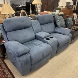 Beautiful blue microfiber manual reclining console loveseat - 77” x 37”