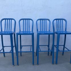 4 Blue Metal Bar Stools / Restaurant Bar Chairs