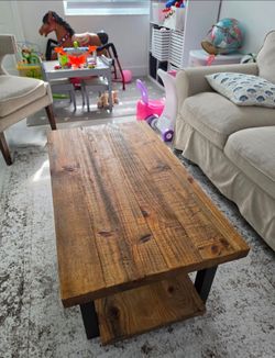 Rustic Industrial Wood Coffee Table with Storage Shelf – Black Metal Legs