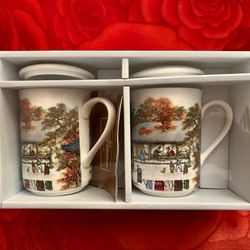 Brand New Bone China Oval Mugs - Set of Two with Lids.   Hankook Chinaware.  