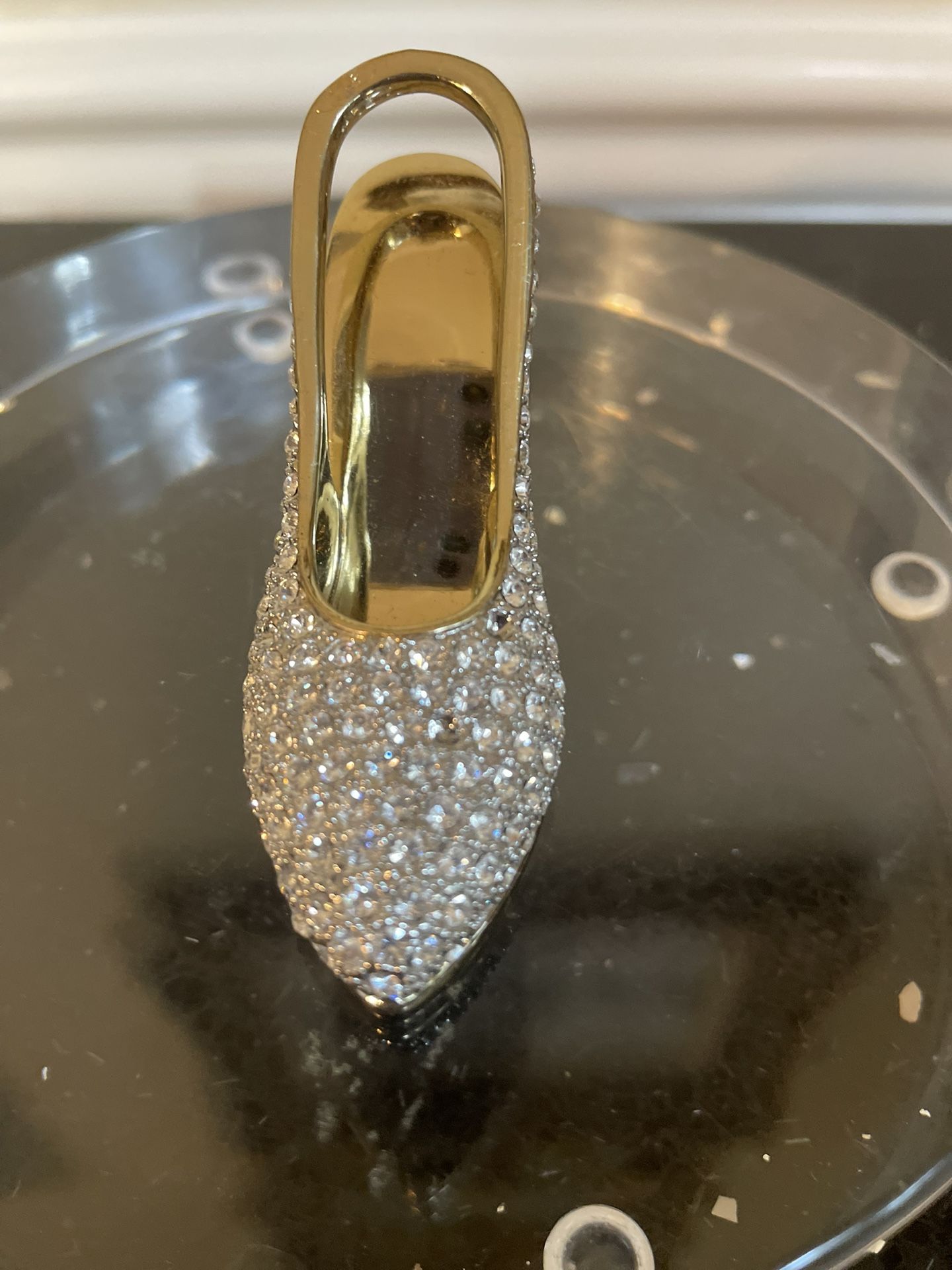 Gold Colored Rhinestone-Encrusted High-Heel Shoe Figurine