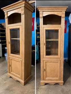 Tall Wooden Display Cabinet with Glass Door – $25